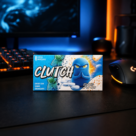 Premium Clutch Gum gaming lifestyle image featuring energy gum for focus cognition and clutch moments