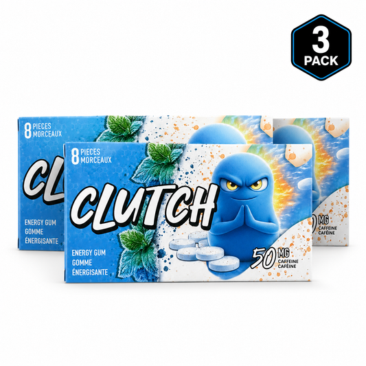 Clutch Gum 3 pack energy gum with 50mg caffeine per piece for focused gaming and performance